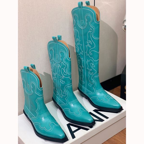 

2023 new cowhide mid shaft embroidered western cowboy boots for women pointed toe women shoes embossing suede shoes midcalf chunkys heel wom, Black