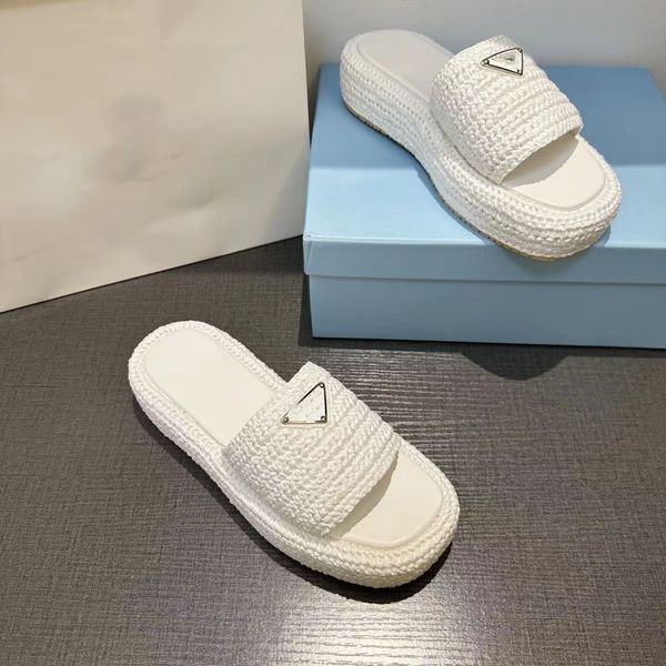 

women ladies platform slippers raffia straw sandal made in italy triangle buckle mules thick bottom chunky heels slides beige black white sl