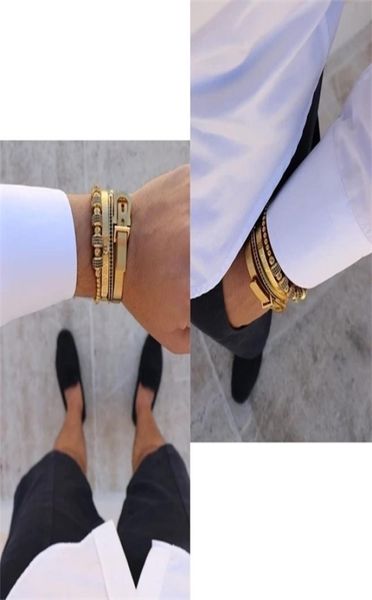 

men bracelets 4pcsset titanium steel roman numeral bracelet horseshoe buckle bangles luxury handmade jewelry gift4985967, Golden;silver