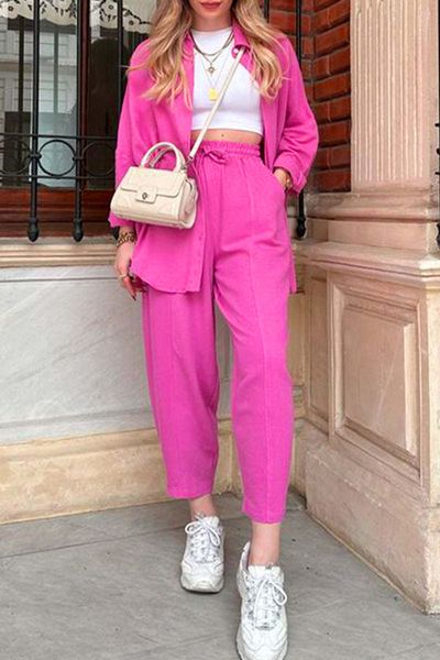 

new fashion sweatshirts tracksuit set sweat suit new casual suit with solid lapels 2023long-sleeved shirt nine-quarter pants two-piece set, White