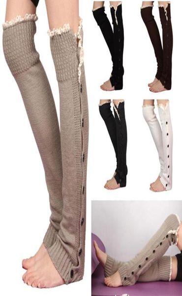 

8 colors winter women new crochet lace trim flat button down braid knit leg warmers boot socks knee high christmas gift s1541833726, Black;white