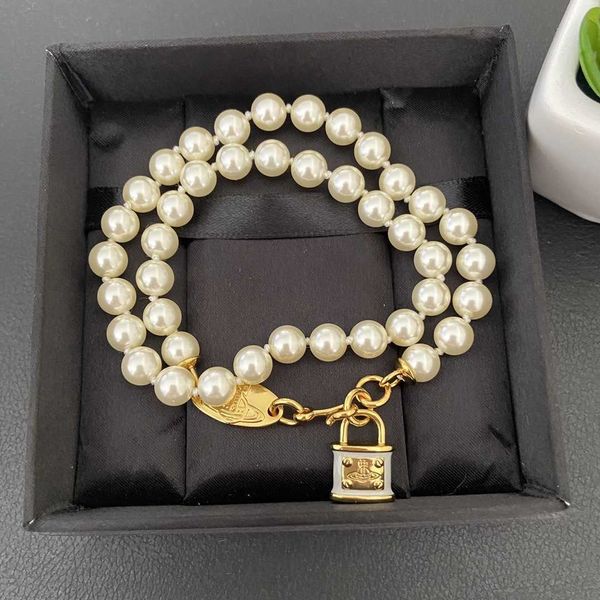 

empress dowager vivian enamel saturn resin paint solid lock pearl necklace, Silver