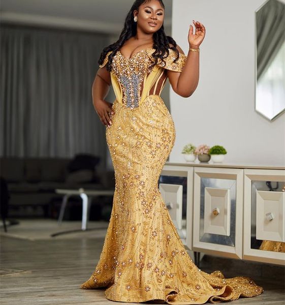 

2023 aso ebi gold mermaid prom dress sequined lace evening formal party second reception birthday engagement gowns dresses robe de soiree zj, Black