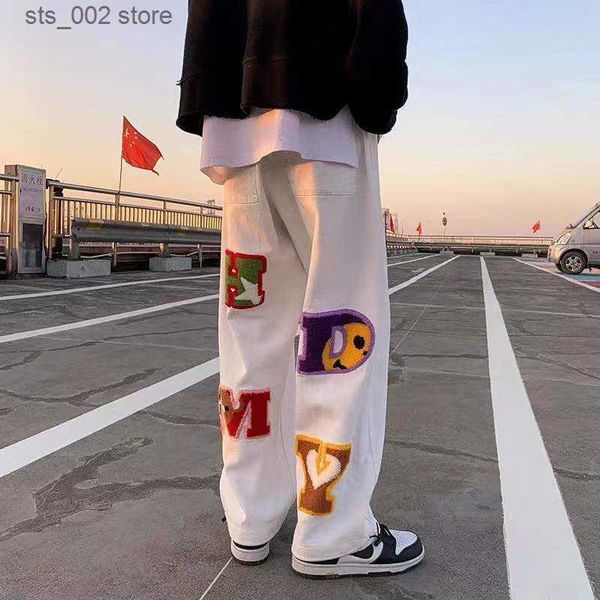 

men's jeans letter embroidery straight pants tide brand hip-hop y2k high street wide-leg pants sportswear casual couple retro fashion l, Blue