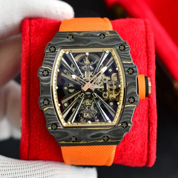 

2023 mens skeleton luxury watch carbon fibre case richa milles automatic mechanical rm12-01 eta watch orange rubber strap sapphire glass hol, Slivery;brown