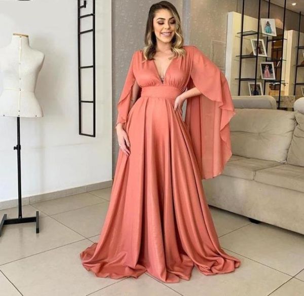 

coral long sleeve evening dresses arabic aso ebi large size v neck a line chiffon party formal gowns backless women prom dresses9376536, Black;red
