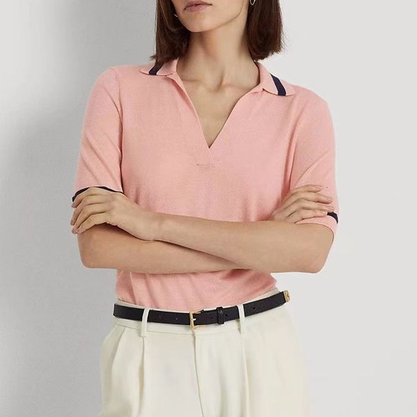 

women's sweaters 2023 spring summer solid color v neck silk polo shirt women casual knitted t shirts turn down collar short mid sleeve, White;black