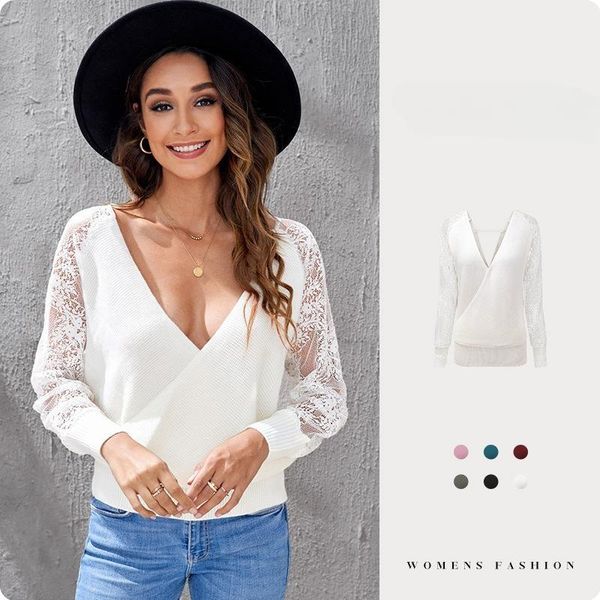 

women's sweaters lace skeleton bottoming sweater women's new amazon v-neck long sleeve knitted wool top, White;black