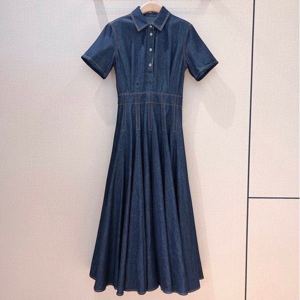 

european fashion brand laple neck short sleeved blue denim dress, Black;gray