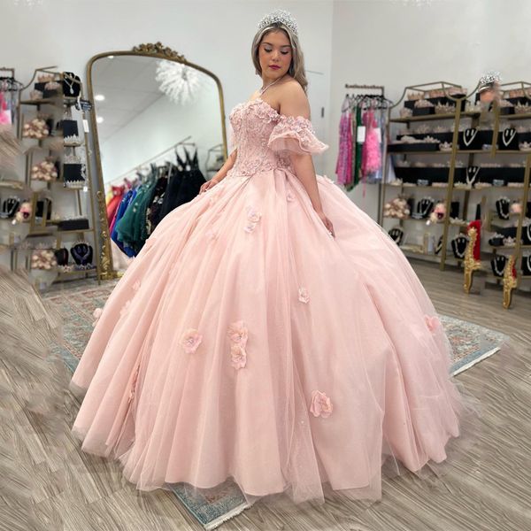 

pink off-shoulder ball gown princess 15 year old quinceanera dress 2023 lace 3dflower glitter tulle birthday party gowns, Blue;red