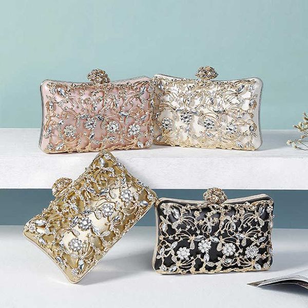 

evening bags new design women handbags satin diamonds metal day clutch flower rhinestones hollow bag 230427