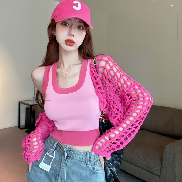 

women's knits tees hollow pink small cardigan sweet girl style twopiece suit summer knitted camisole women clothing 230727, White