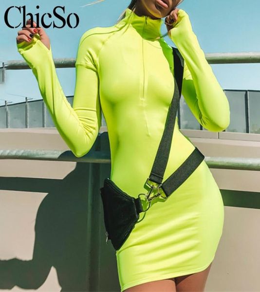 

missychilli fluorescence green pencil bodycon dress women long sleeve short neon light red dress female fitness club black6655750, Black;gray