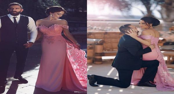 

off shoulder pink prom dresses 2017 elegant sweetheart short sleeves appliques lace satin backless said mhamad eveing dresses form3906811, Black