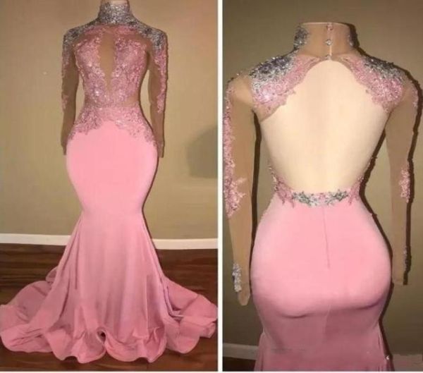 

2020 pink mermaid prom dresses high neck backless see through long sleeves lace appliques sequined plus size party dress evening g7184494, Black