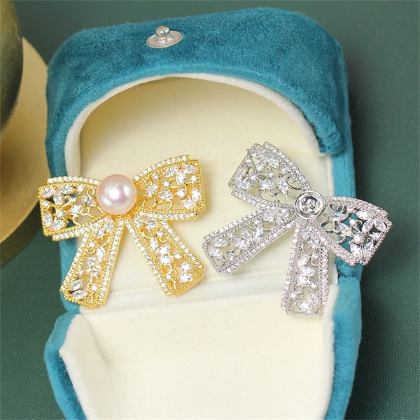 

pins brooches 14k gold injection hollow bow pearl brooch fashionable temperament inlaid diy accessories empty holder 230727, Gray