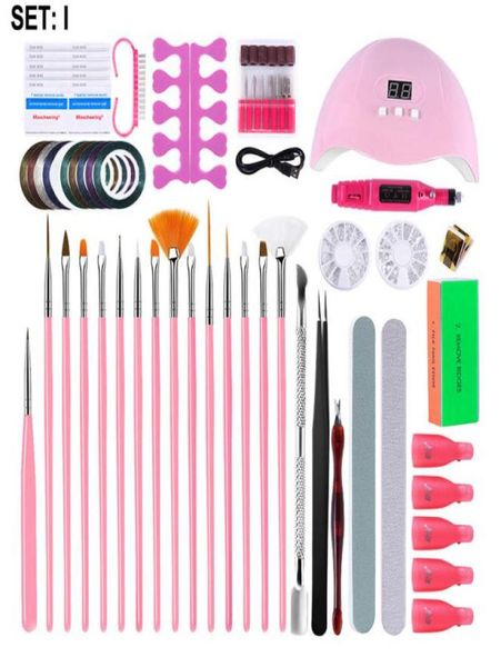 

15pcs nail brush set dotting drawing pen paint brushes led lamp drill machine files clipper 4way block cuticle pusher glitter for 3412173