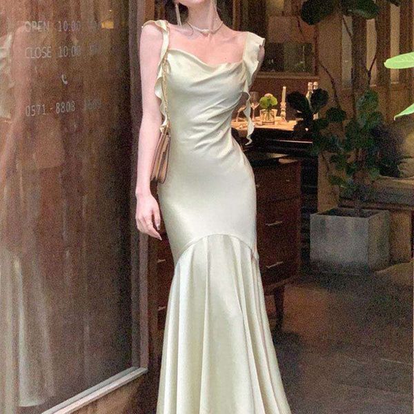 

suspender satin dress for women summer style temperament ruffled niche design, Black;gray