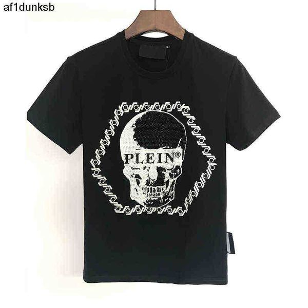 

cotton philipps short sleeve t-shirt men's skull head set with diamond pp high summer street fashion pure pied plein round neck g1217, White;black