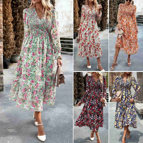 

basic casual dresses printed dress 2023 autumn elegant v-neck long dress t230727, Black;gray