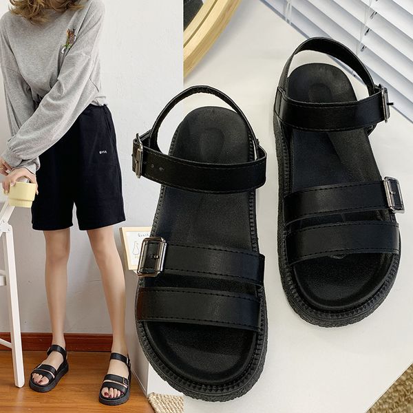 

sports style sandals women's summer new fashion muffin flat-bottomed outer belt buckle open-toed sandals beach women's shoes, Black