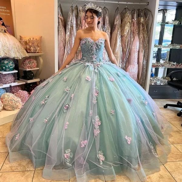 

mint green sweetheart 3d flowers quinceanera dresses with bow beading appliques princess corset back birthday party gown, Blue;red