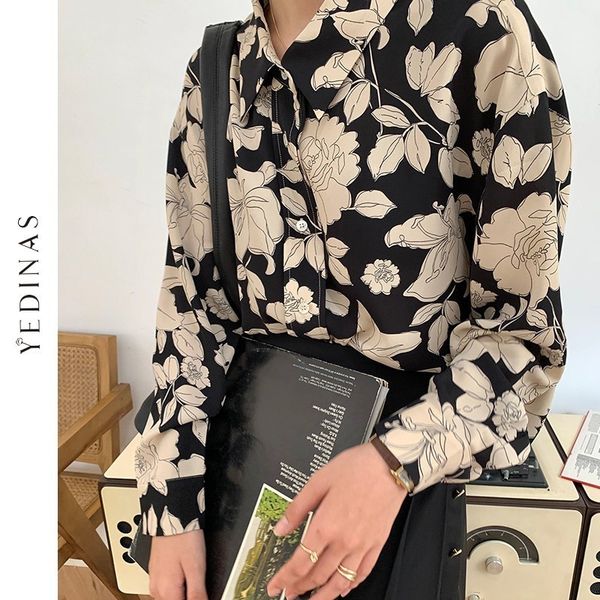 

womens blouses shirts yedinas vintage rose print shirt women elegant blouse female long sleeve spring casual floral harajuku 230726, White