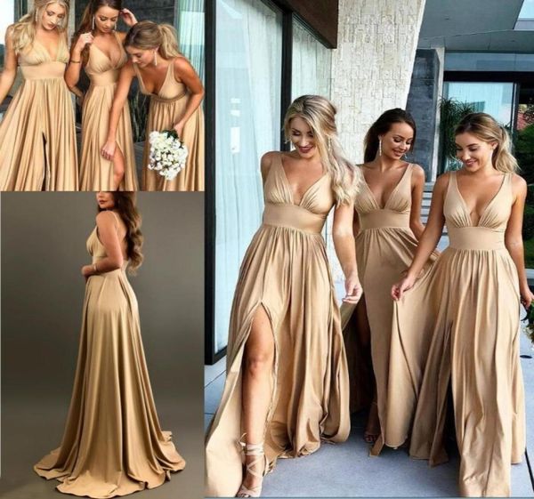 

summer 2019 champagne bridesmaid dresses long v neck maid of honor gowns with high split a line formal wedding guest gowns cu9284816, White;pink