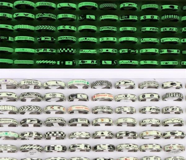 

50pcslot luminous laser pinting stainless steel rings for men women glow in the dark jewelry party gifts whole19634219406756, Golden;silver