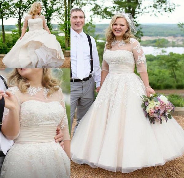 

vintage anklelength wedding dress with half sleeve 2021 lace applique plus size beige countryside bridal gowns vestido de novia l6904855, White