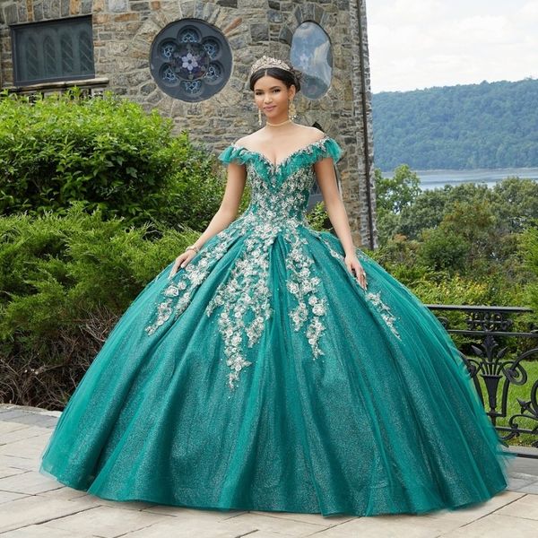 

glitter green quinceanera dress v-neck off the shoulder appliques lace beads sequin for 15 girls ball formal gowns, Blue;red