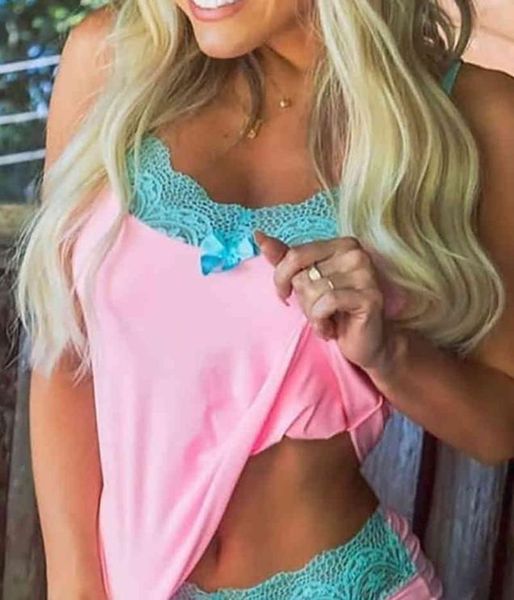 

women039s spaghetti strap lace trim cami pj set femme sleepwear bowknot decor pajama ladies lingerie set new nightgown 2108324753, Black;red