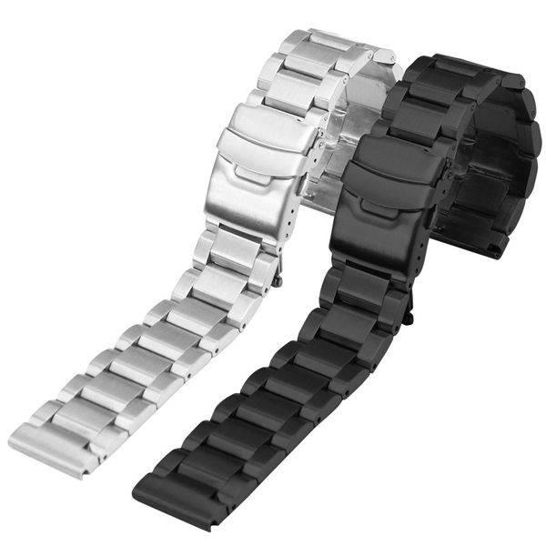 

20mm 22mm stainless steel watch strap solid black silver watchband double press safety buckle durable metal wristband accessory, Black;brown