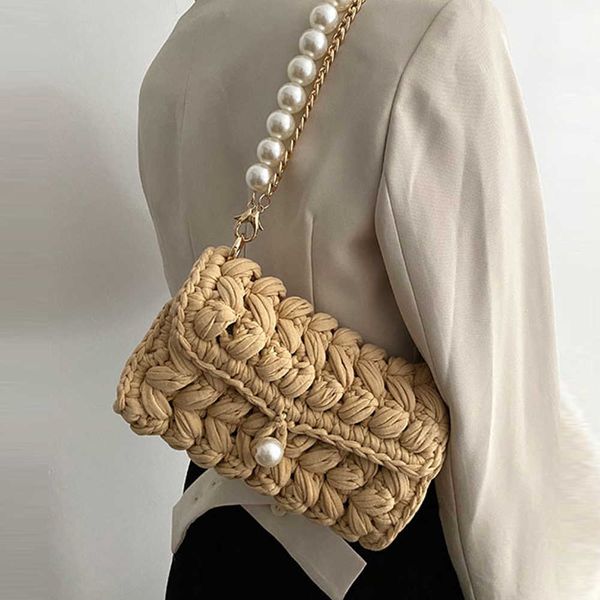 

handmade rope crochet women's shoulder bag designer knitting crossbody bags for women handbags pearls chains sling bag tote 2022