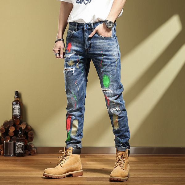 

designer jeans mens denim embroidery pants fashion holes trouser us size 28-40 hip hop distressed zipper trousers for male sell #07, Blue