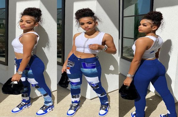 

2552 21ss spring new european and american women039s fashion stitching denim print mid waist pants2436928, Blue