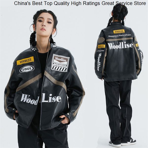 

men's jackets jacket hip motorcycle hop leather letter embroidery vinage loose streetwear biker racing winter thick warm fashion coats, Black;brown