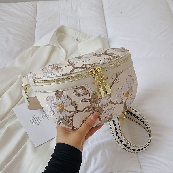 

evening bags elegant flower printed pu leather waist bags for women chain zipper waist pack female fanny pack wide strap crossbody chest bag