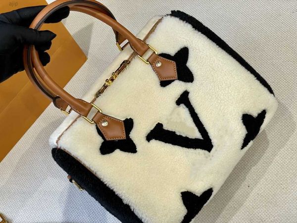 

cc lamb hair pillow bag women handbag purse speedy totes fashion letters furry star round print winter teddy gold hardware zipper closure in