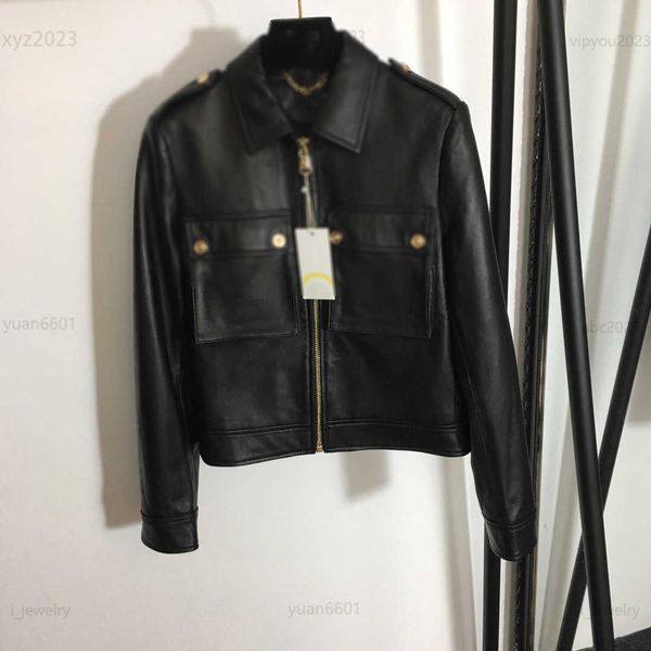 

designer women sheepskin coat fashion leather biker jacket size s-xxl double pocket decoration leather overcoat multiple product, Black