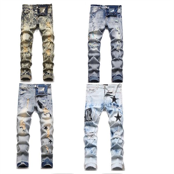 

men's jeans european jeans men's letter star men's perforated embroidery stitching holes trend brand pants men's skinny, Blue