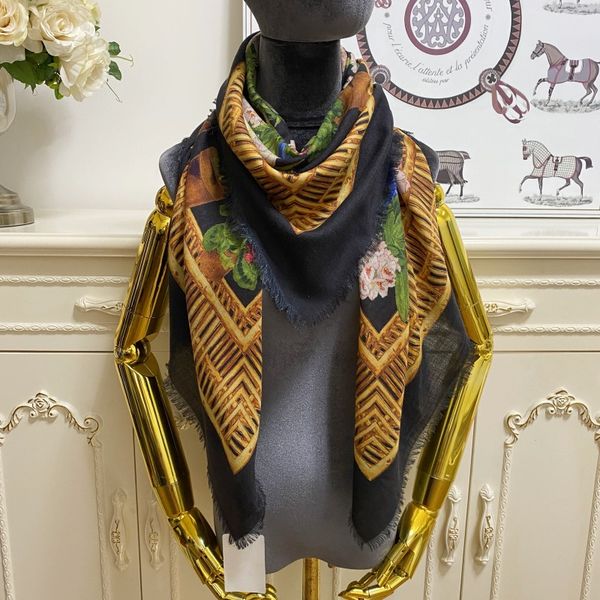 

women's square scarf scarves shawl 100% cashmere material black print letters flowers size 130cm - 130cm, Blue;gray