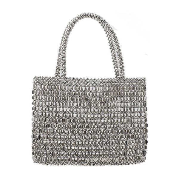 

vintage handmade ladies handbag weave beaded fashion silver color shining sequin shoulder bag clutches womens party handbag 2022
