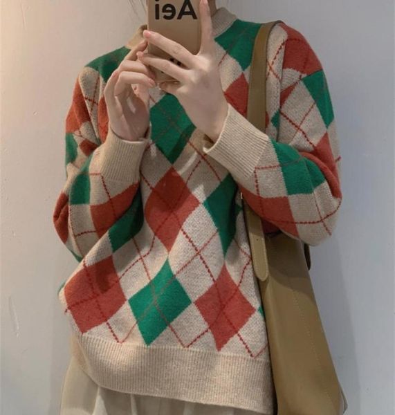 

women039s sweaters luukse argyle pattern drop shoulder sweater t2un78726904591617, White;black