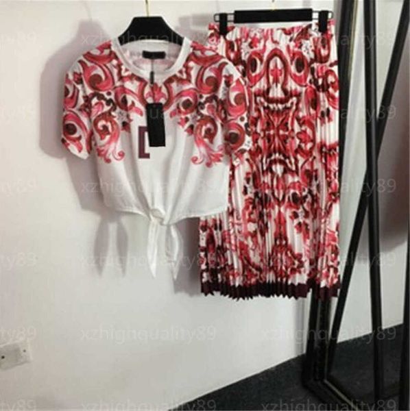 

women two piece fashion womens t-shirt pleated skirt set vintage floral print tie knot waist design short tshirt high waisted long skirt des, White