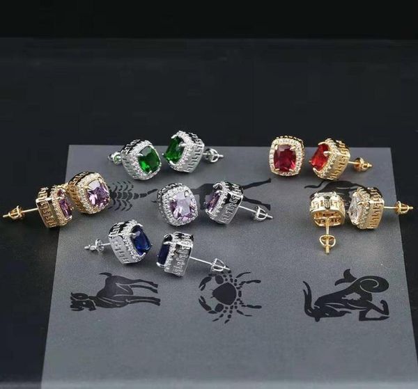 

hip hop colorful gemstone ear studs luxury designer mens bling iced out diamond earrings red green blue gem ruby emerald sapphire 9862764, Golden;silver