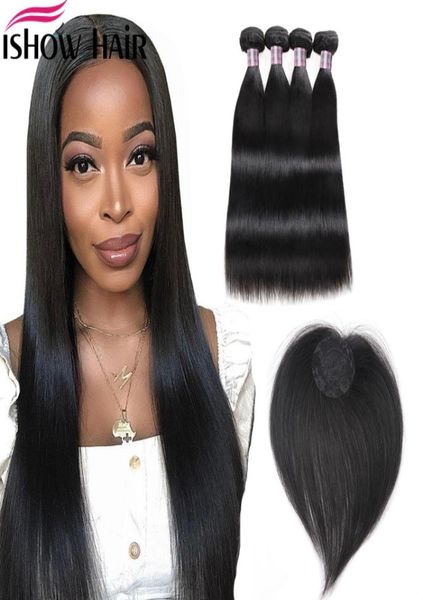 

ishow human hair bundles with closure straight virgin hair extensions 34pcs with hair er lace closure straight9380031, Black