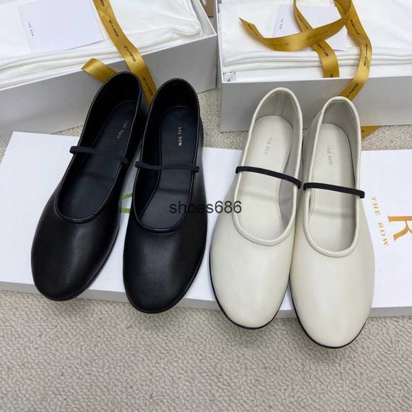 

new style the row mary jane women's single shoes shallow mouth ballet shoes flat bottom leather grandma shoes slip-on shoe, Black
