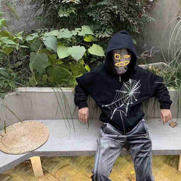 

women's hoodies sweatshirts y2k spider web ironing black zipper hoodies sweater men and women with diamond loose street style jacket sw
