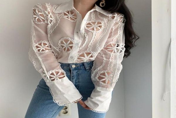 

women039s blouses shirts hollow out floral embroidery temperament shirt women see through long sleeve loose865793897383, White